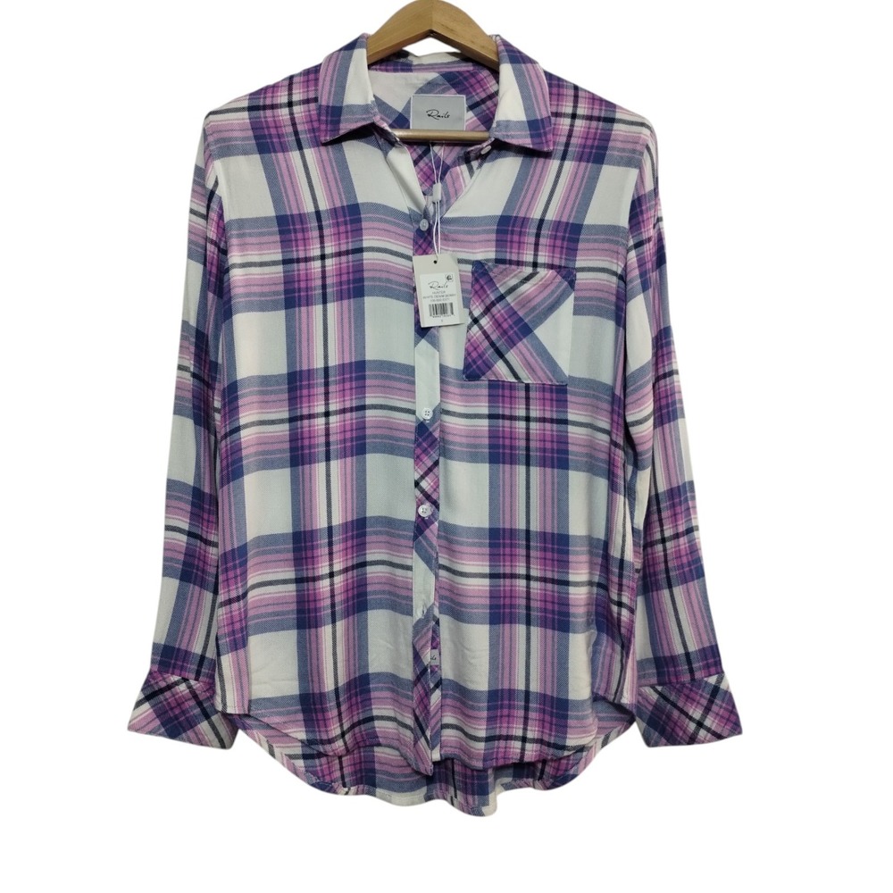 Hunter‎ White Denim Berry Button Down Shirt Women's S  Plaid Long Sleeve Preppy